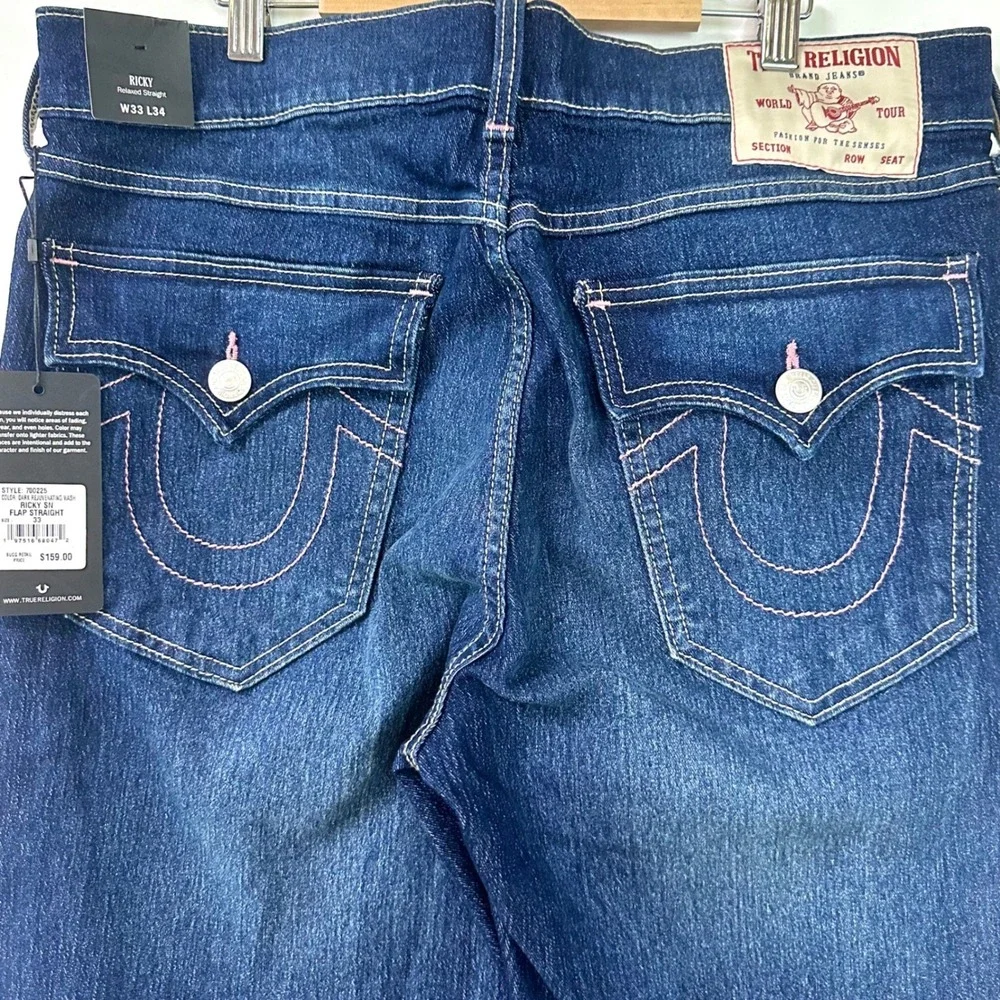 TRUE RELIGION NEW Ricky Relaxed Straight Jeans Men 33x34 T Flap Dark Wash Denim